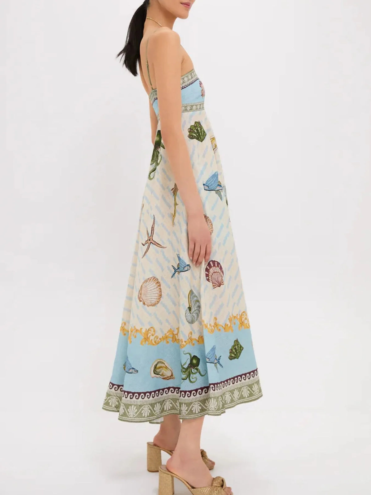 Ocean Print Spaghetti Strap Midi Dress