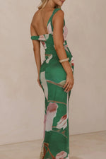 Floral Print One-Shoulder Ruched Maxi Dress