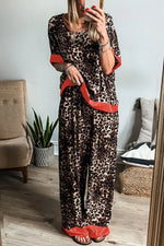 Contrast Trim Leopard Round Neck Top and Pants Lounge Set - Ladyez