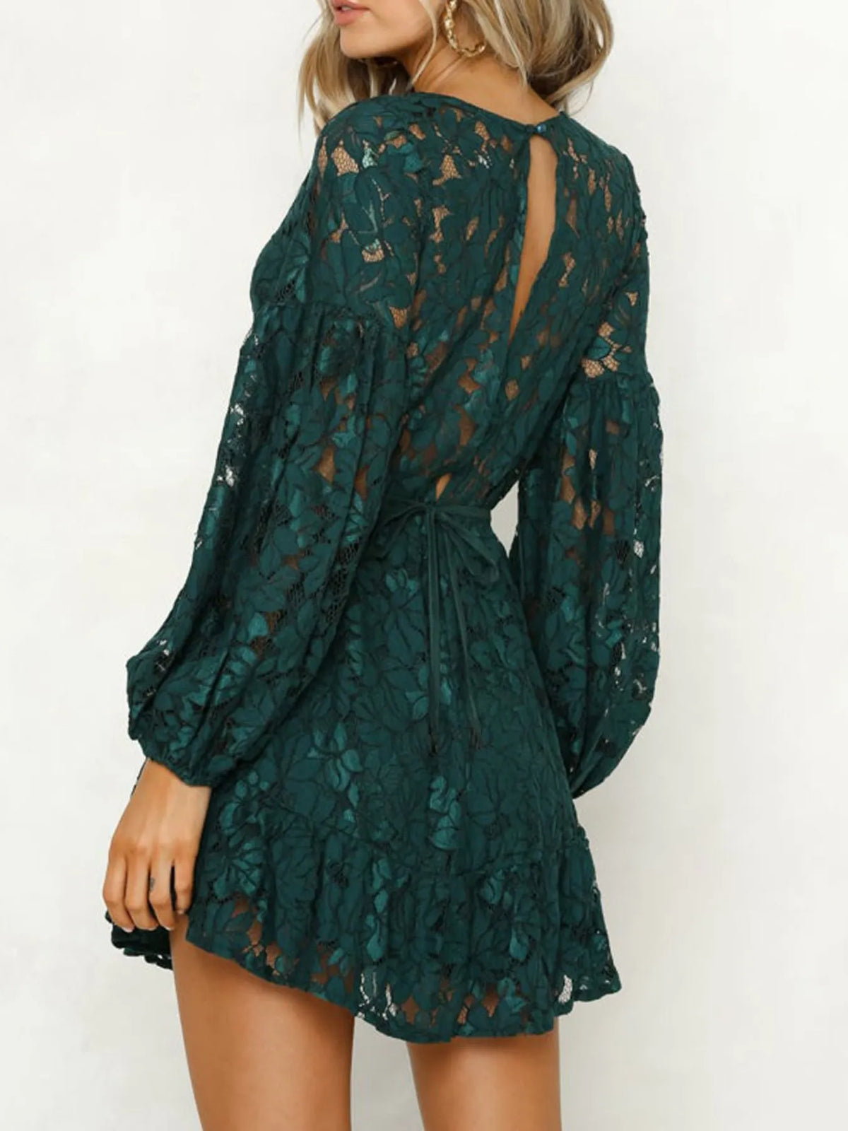 Lace V-Neck Long Sleeve Mini Dress - Ladyez