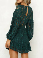 Lace V-Neck Long Sleeve Mini Dress - Ladyez