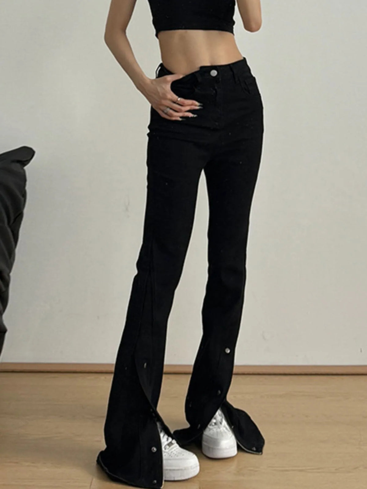 High-Waisted Slit Flare Jeans - Ladyez