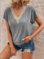 Full Size Lace Detail V-Neck Short Sleeve T-Shirt - Ladyez