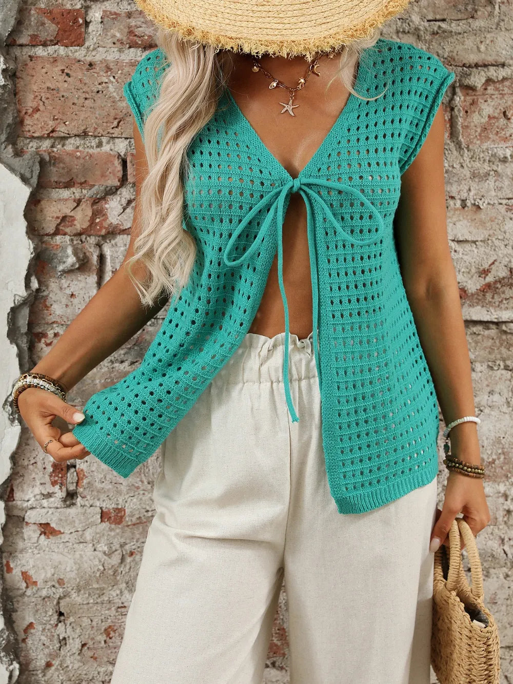 Tied Front Openwork V-Neck Knit Top