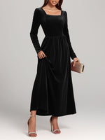 Velvet Square Neck Long Sleeve Dress - Ladyez