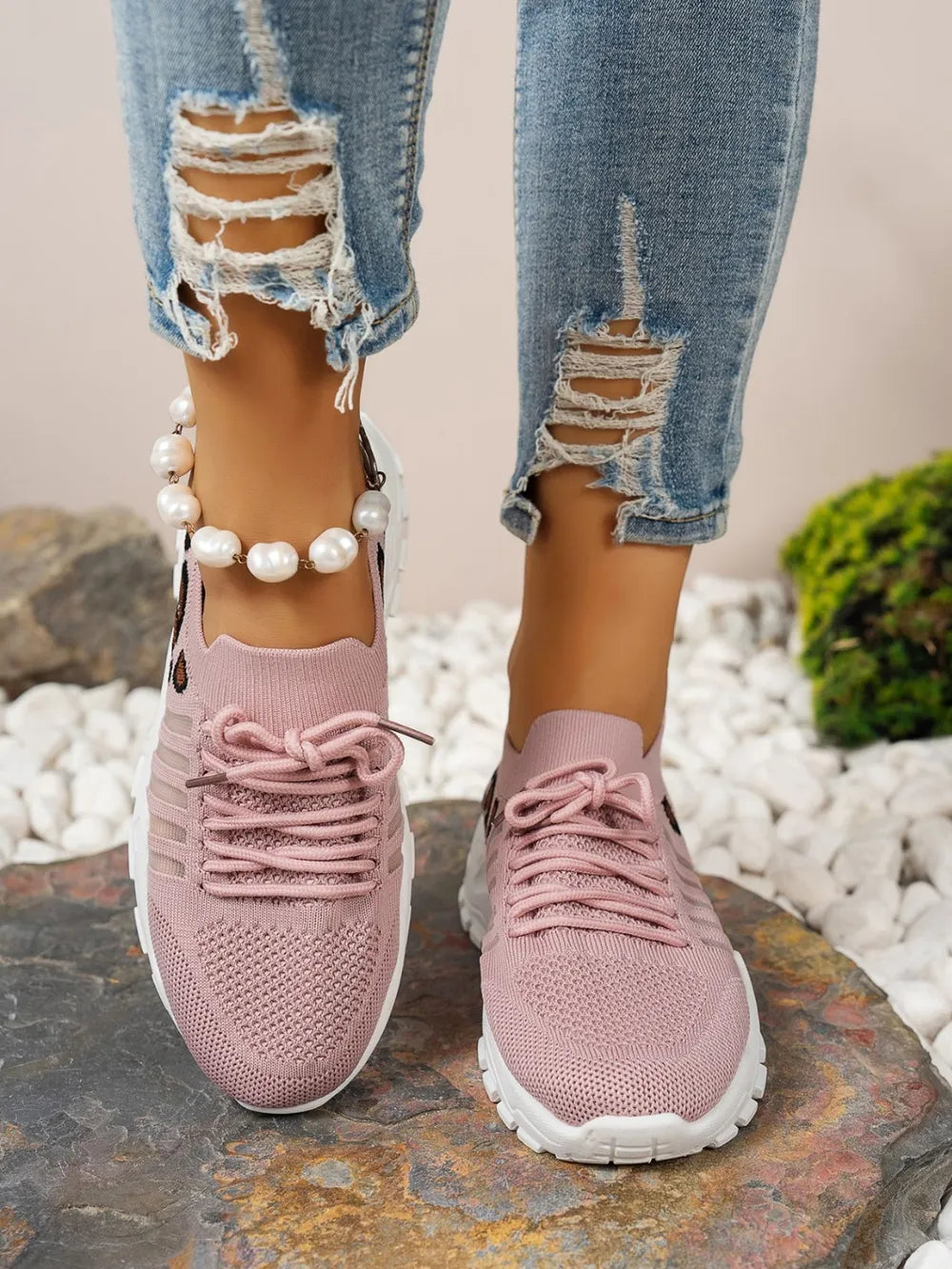 Cutout Leopard Lace Up Mesh Athletic - Ladyez