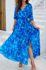Devine Printed Tied Half Sleeve Slit Dress - Ladyez