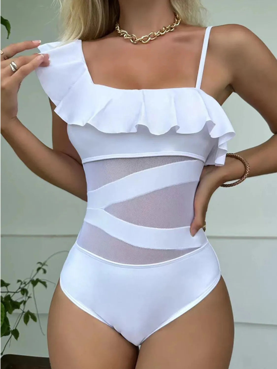 Asymmetrical Ruffled One-Piece Swimwear - Ladyez