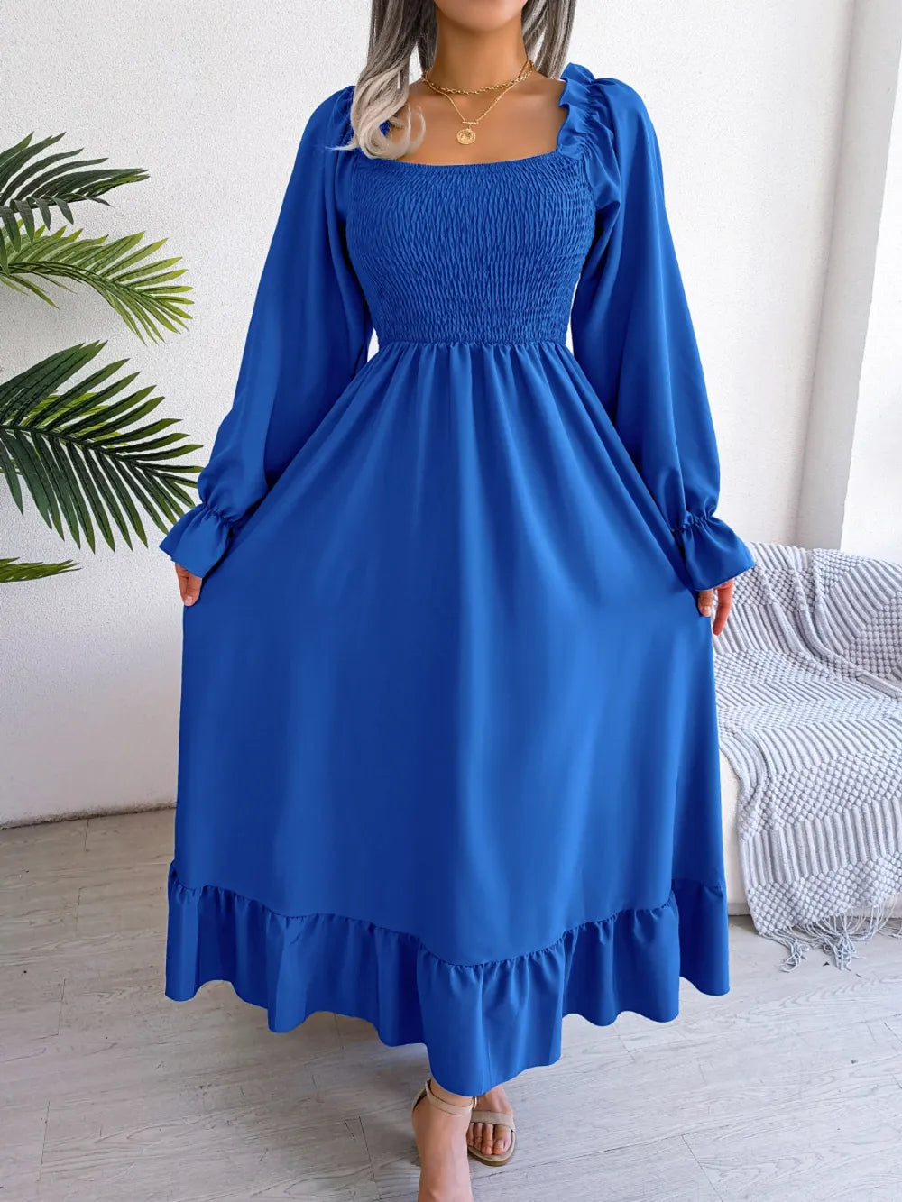 Smocked Square Neck Flounce Sleeve Dress - Ladyez