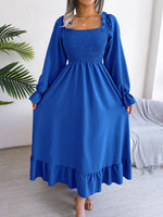 Smocked Square Neck Flounce Sleeve Dress - Ladyez