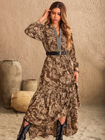 Ruched Printed Notched Long Sleeve Maxi Dress - Ladyez
