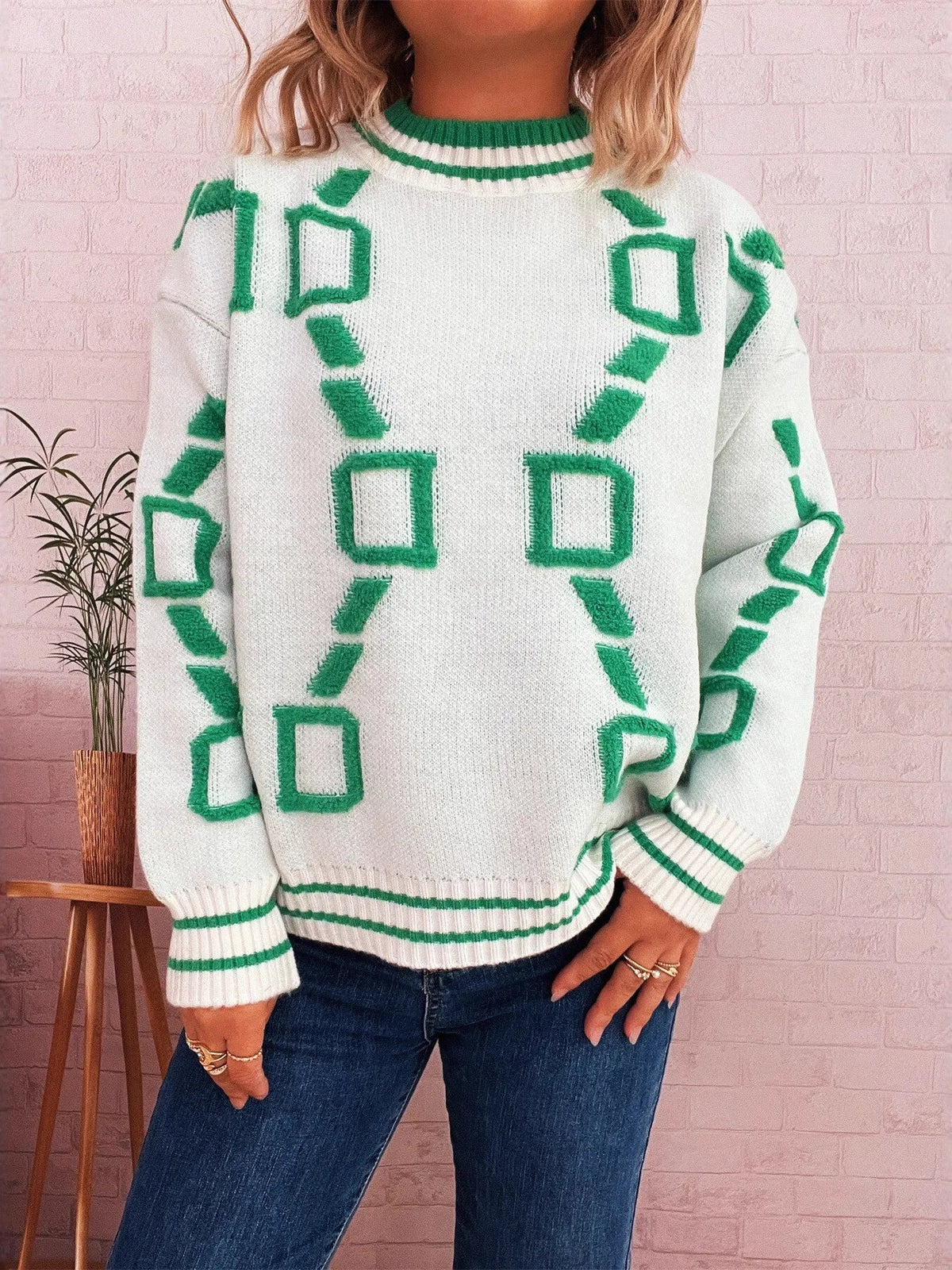 Contrast Round Neck Long Sleeve Sweater