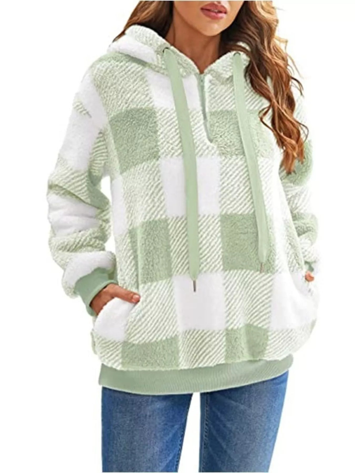 Full Size Plaid Sherpa Drawstring Hoodie Plus Size