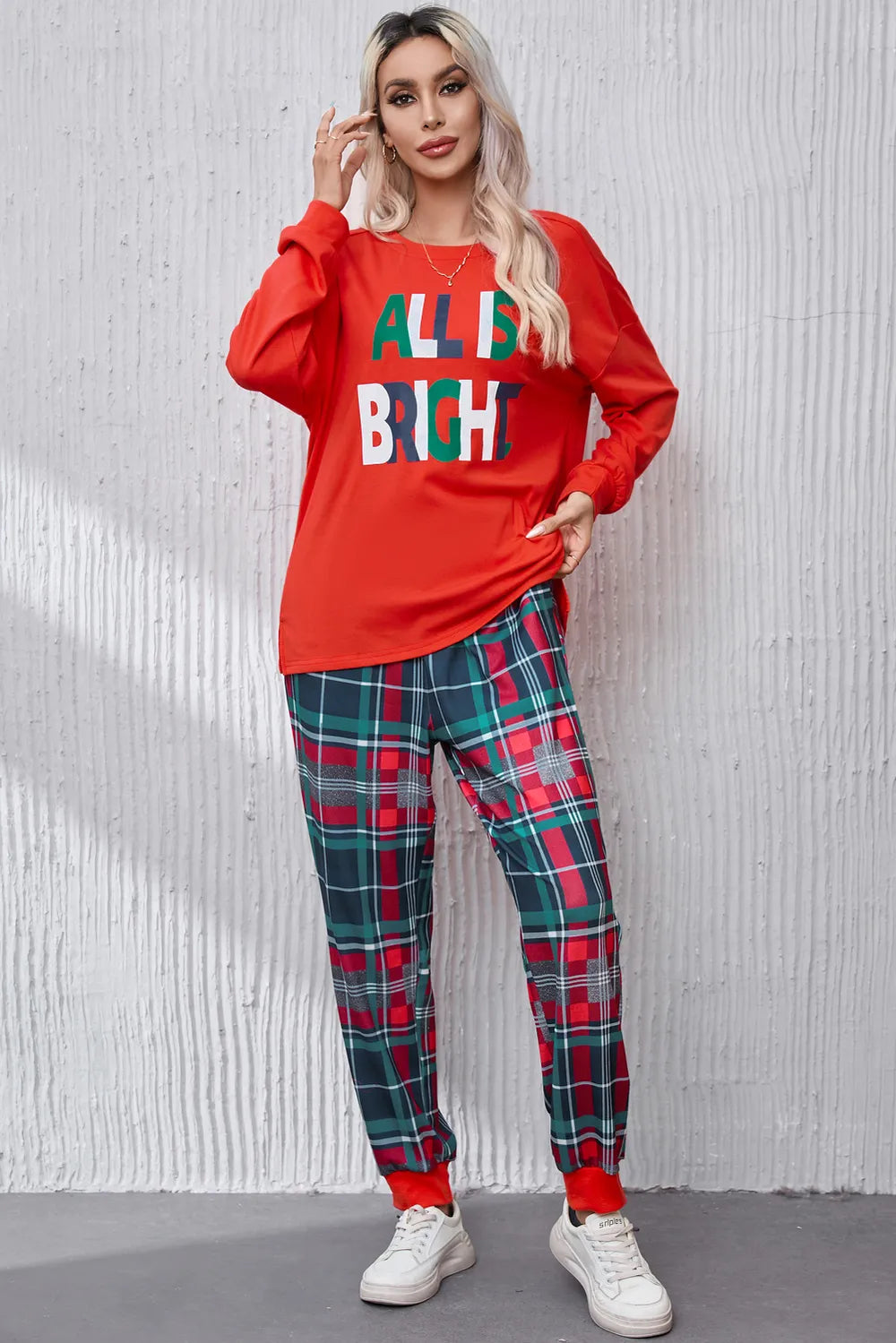 ALL IS BRIGHT Round Neck Top and Plaid Pants Lounge Set - Ladyez