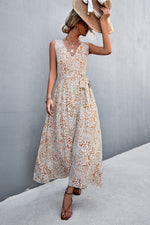 Printed V-Neck Tie Waist Maxi Dress - Ladyez