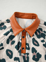 \Leopard Print Button Contrast Collared Short Sleeve Blouse