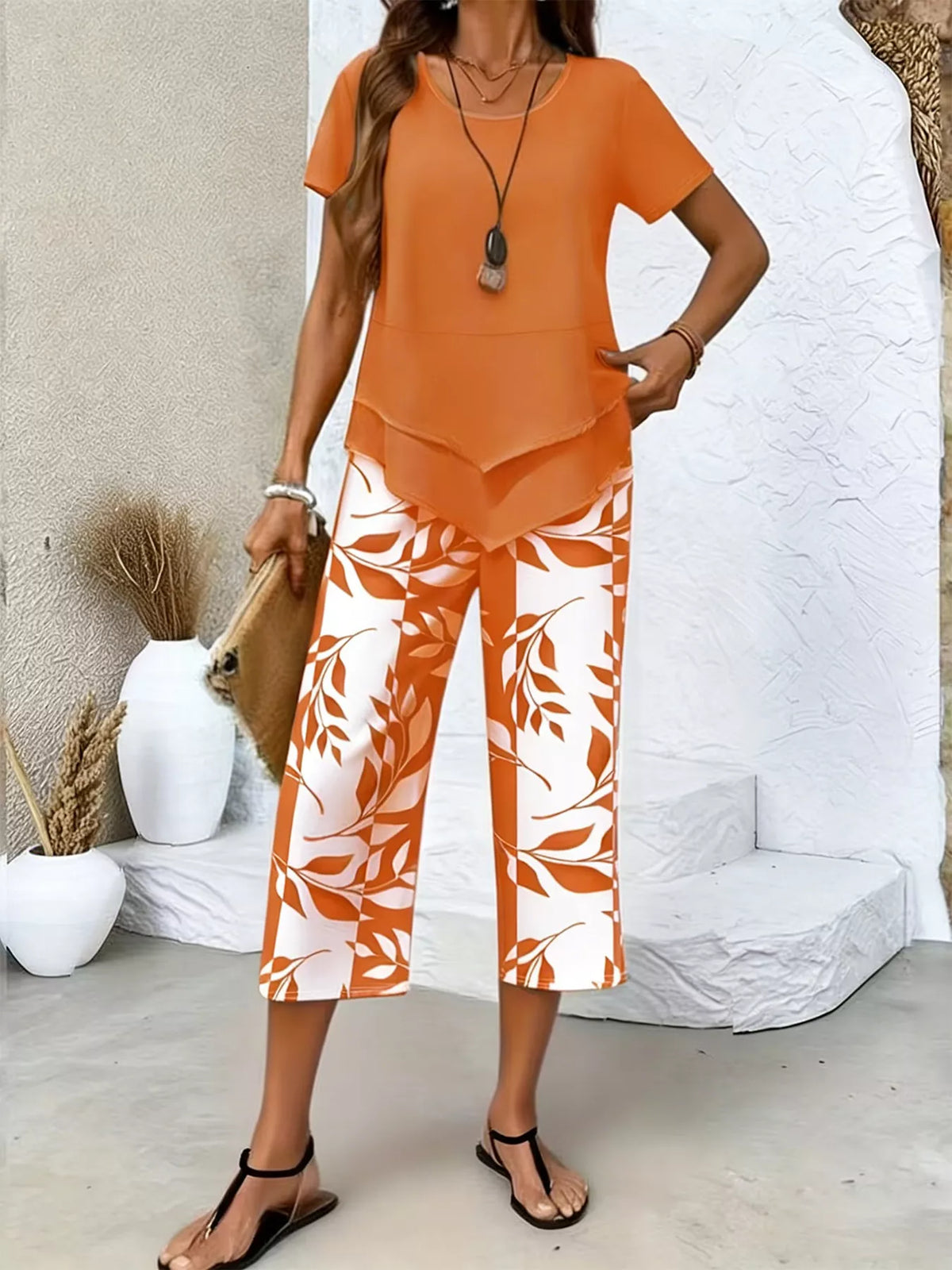 Layered Top and Leaf Print Cropped Pants Set
