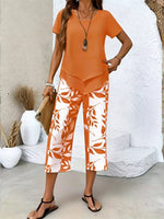 Layered Top and Leaf Print Cropped Pants Set