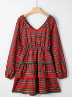 Plaid Print Ricrac Tiered Bubble Sleeve Mini Dress