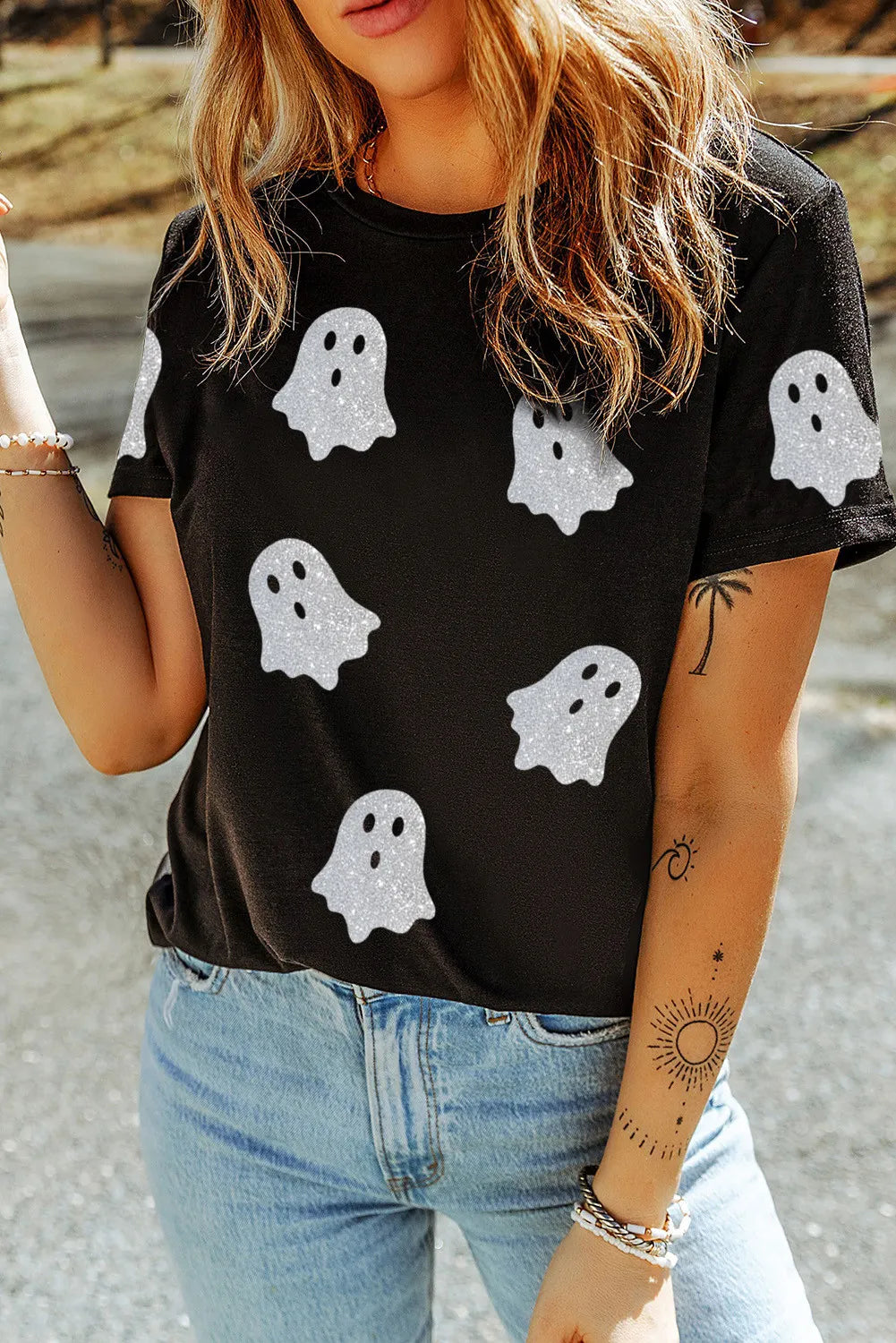 Glitter Ghost Round Neck Short Sleeve T-Shirt - Ladyez
