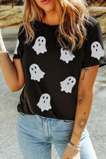 Glitter Ghost Round Neck Short Sleeve T-Shirt - Ladyez