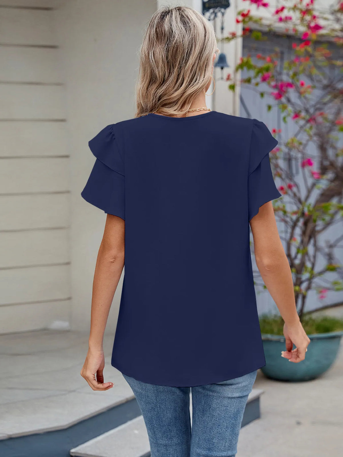 Round Neck Ruffled Layered Sleeve Blouse - Ladyez
