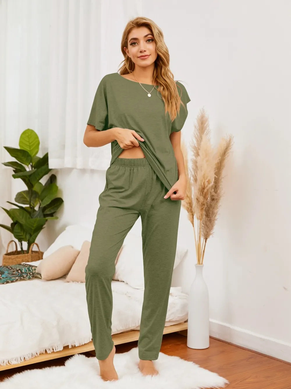 Boat Neck Top and Pants Lounge Set - Ladyez