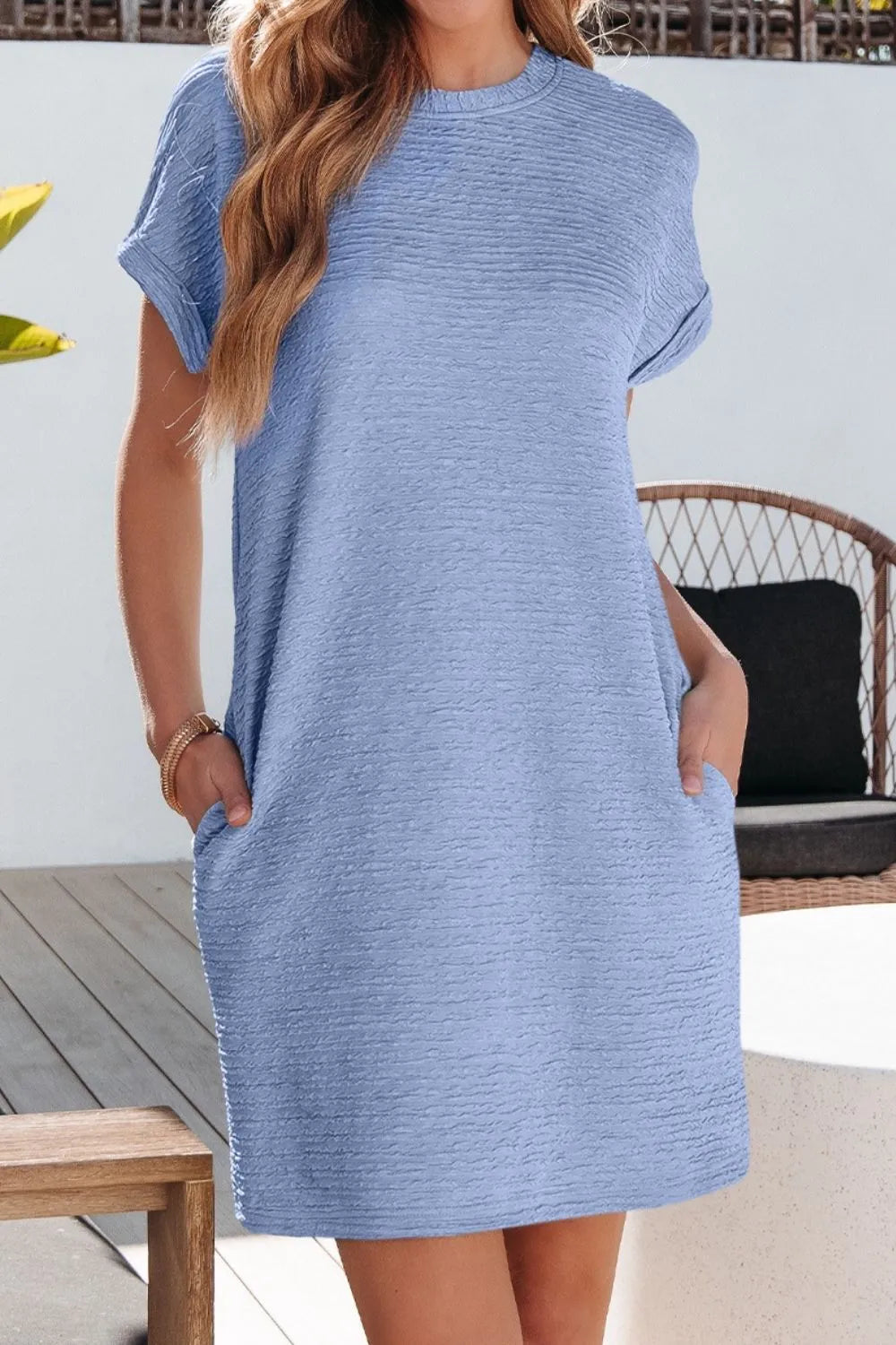 Solid Color Textured Crinkle Short Sleeve T Shirt Dress