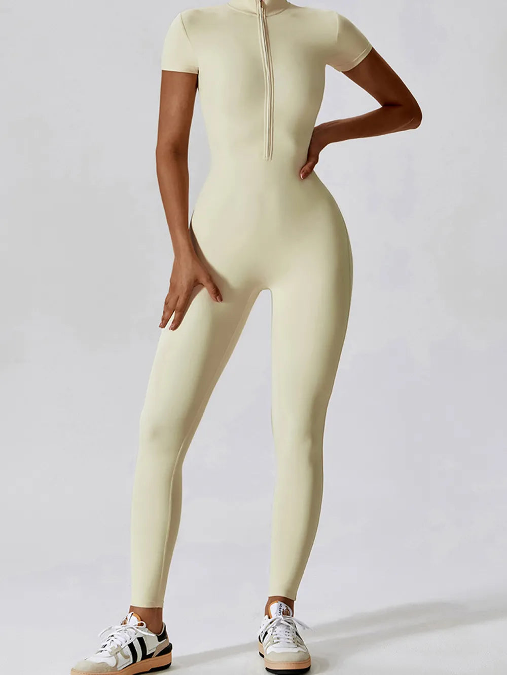 Basic Bae Half Zip Short Sleeve Active Jumpsuit - Ladyez