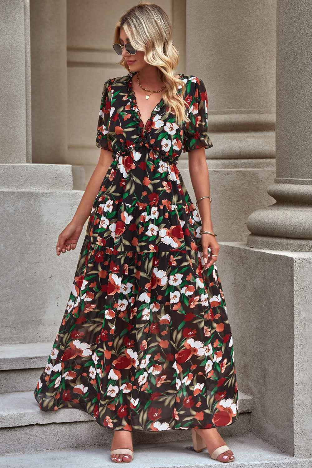 Floral V-Neck Short Flounce Sleeve Dress - Ladyez