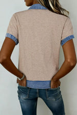 Ribbed Knit Contrast Denim Collar Top