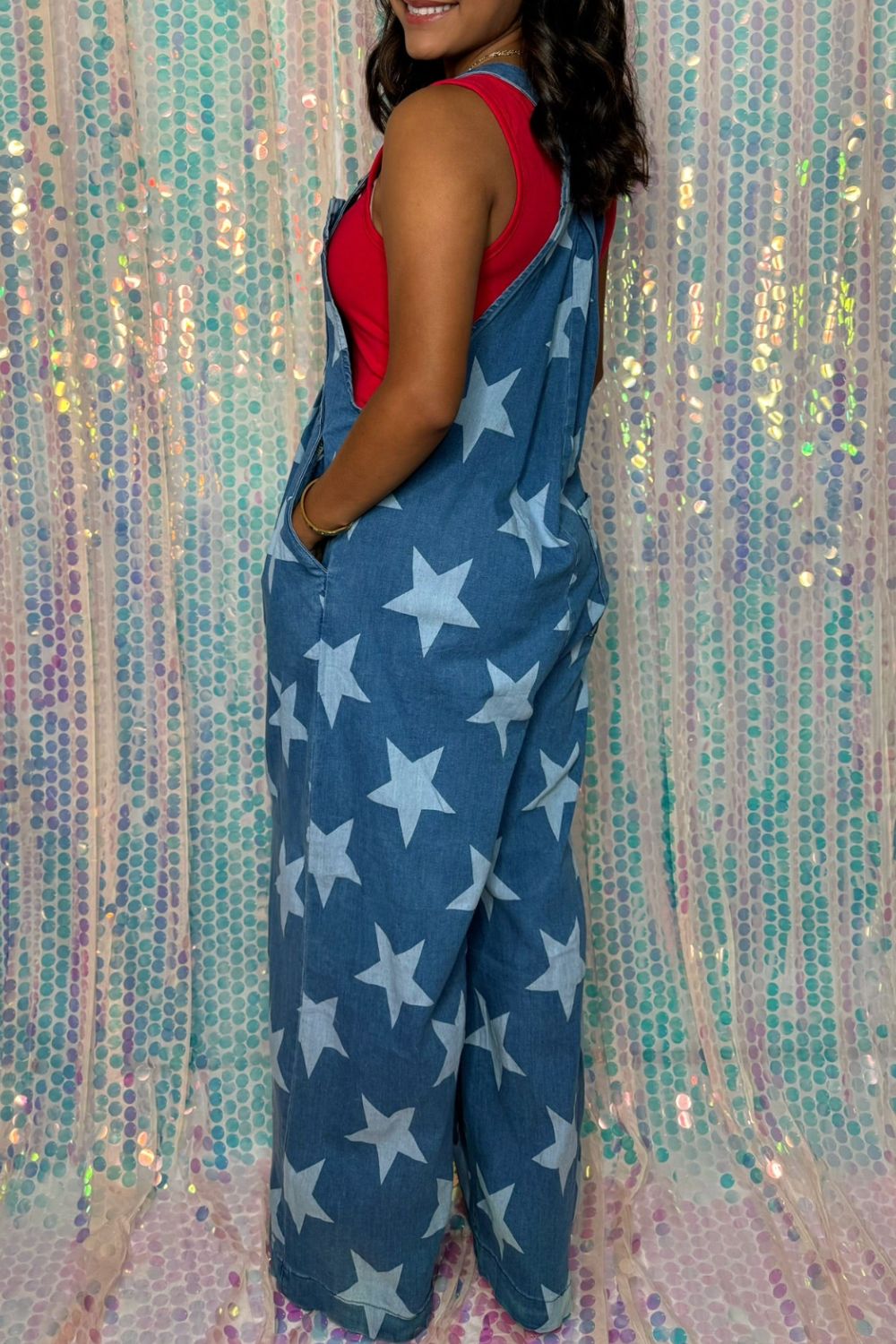Star Print Buttoned Strap Wide Leg Denim Overalls - Ladyez