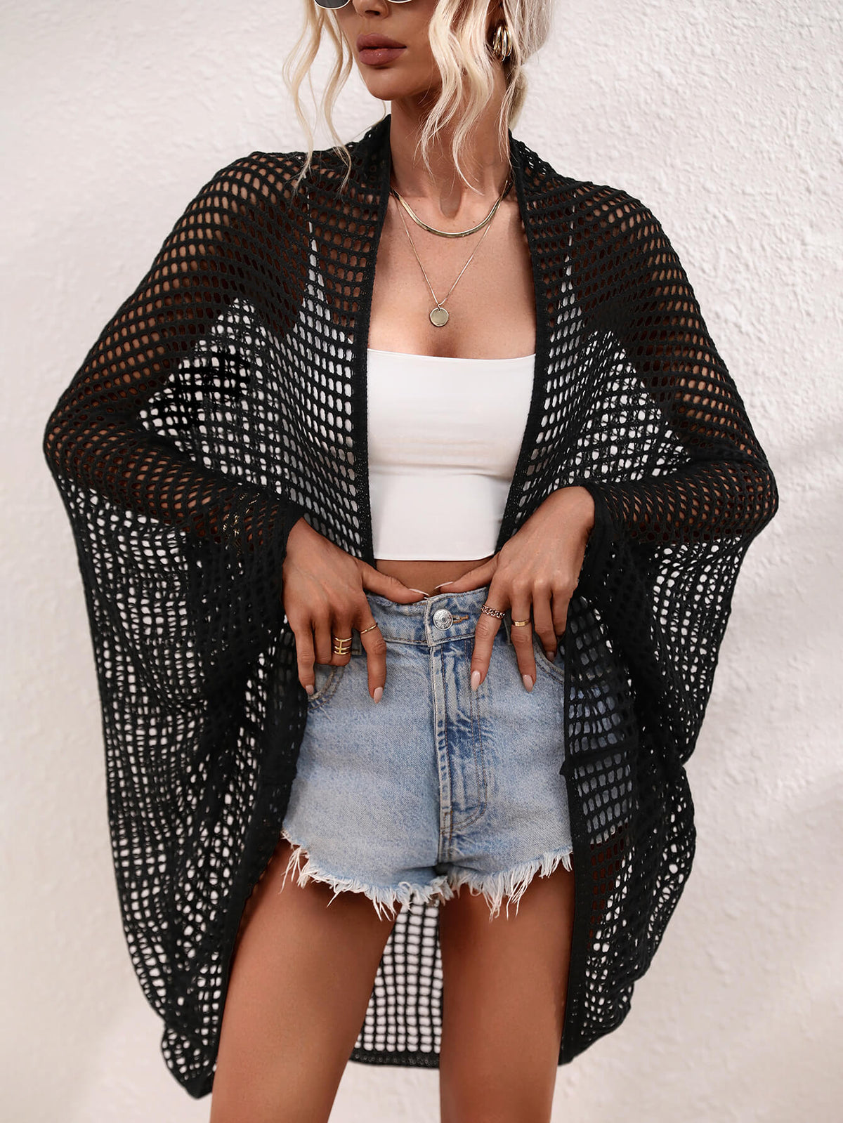 Openwork Open Front Longline Cover Up - Ladyez