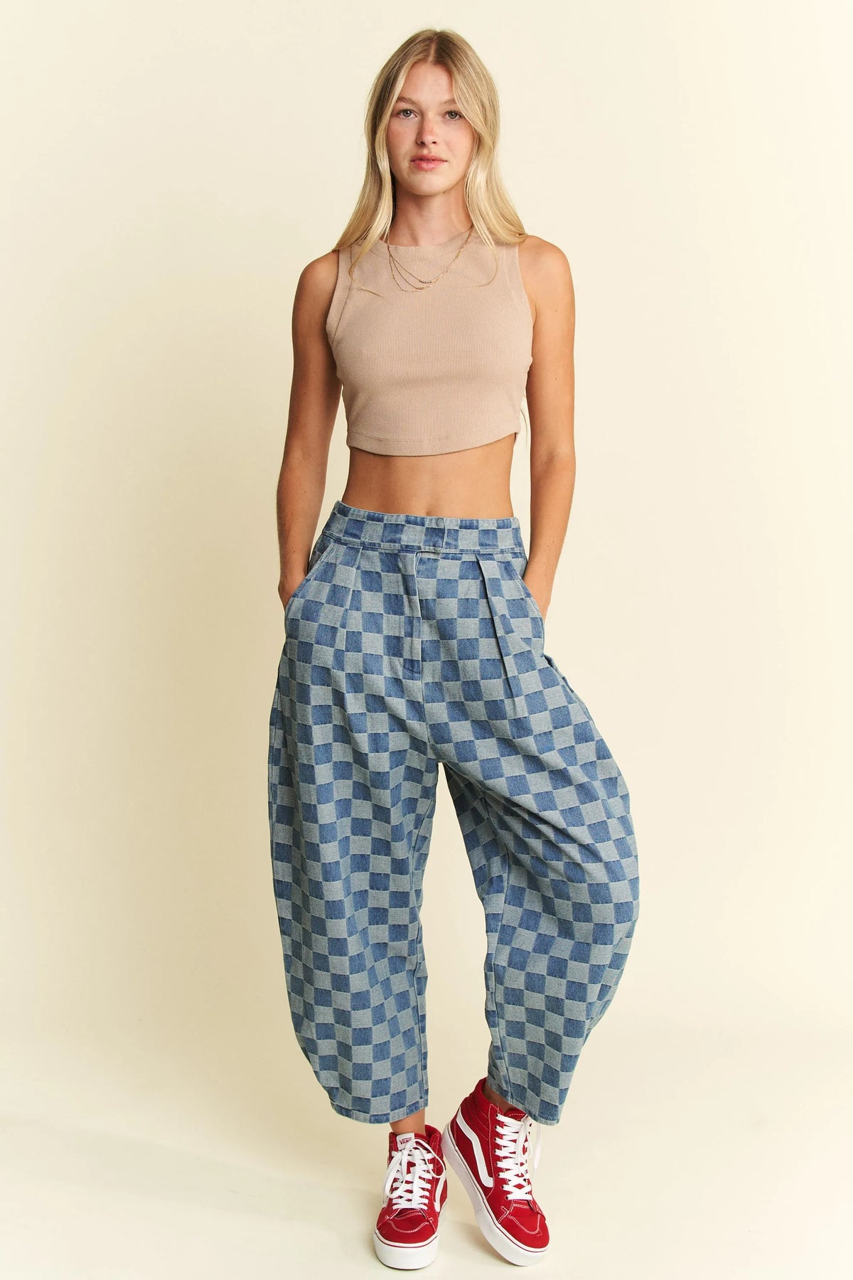 Jade By Jane Plus Size Pleated Checkered High Waist Barrel Pants - Ladyez