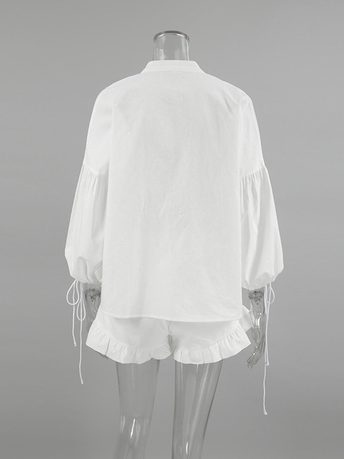 Tie Neck Balloon Sleeve Blouse and Shorts Set
