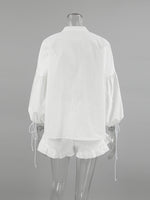 Tie Neck Balloon Sleeve Blouse and Shorts Set