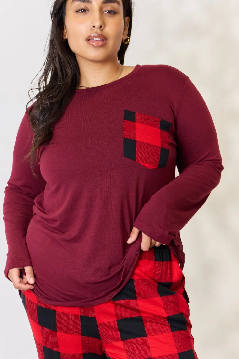 Zenana Full Size Plaid Round Neck Top and Pants Pajama Set - Ladyez