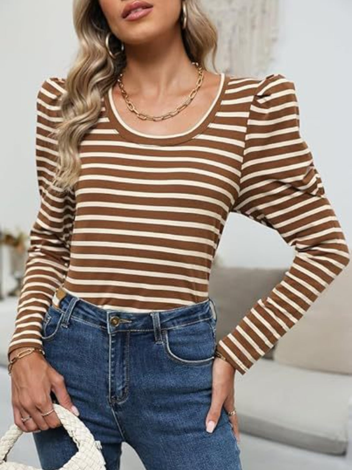 Striped Round Neck Long Sleeve T-Shirt - Ladyez