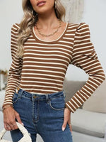 Striped Round Neck Long Sleeve T-Shirt - Ladyez