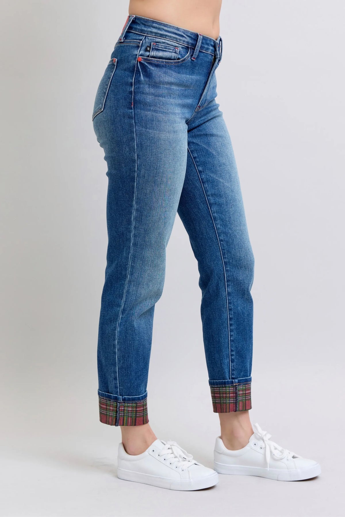 Judy Blue Full Size Mr Plaid Print Cuff Bf Jeans Plus Size - Ladyez