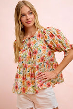 BiBi Flower Printed Shirring Detail Blouse Top