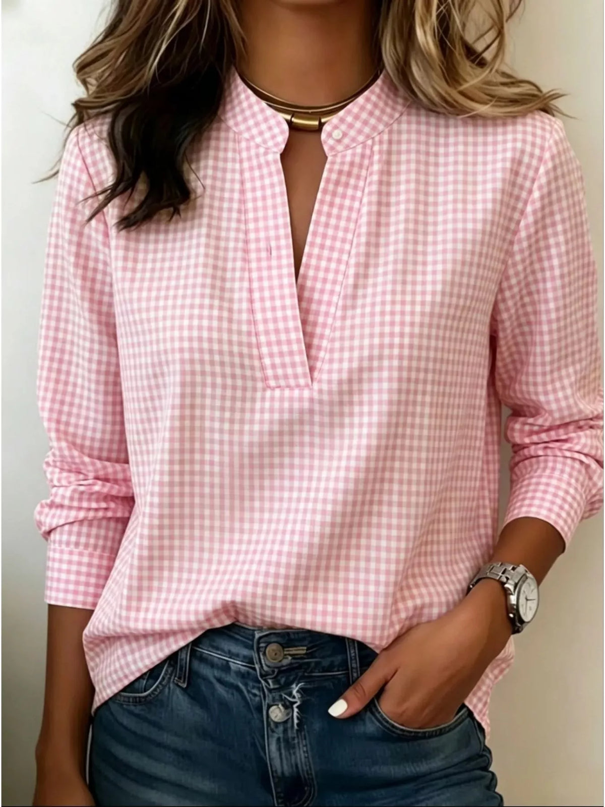 Full Size Plaid Notched Long Sleeve Blouse Plus Size