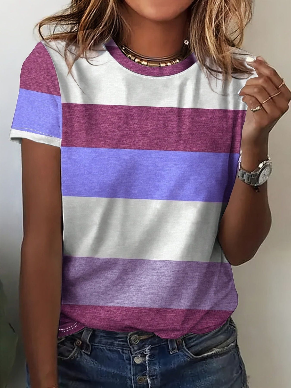 Plus Size Striped Casual Round Neck T-Shirt
