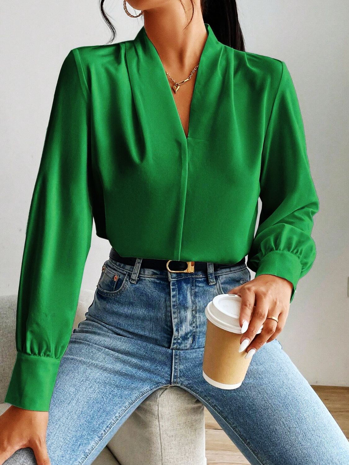 V Neck Long Sleeve Top - Ladyez