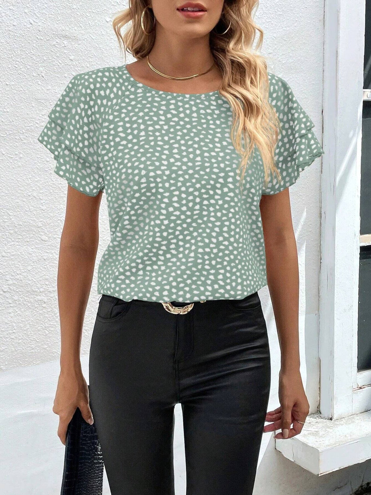 Animal Print Ruffle Sleeve Blouse