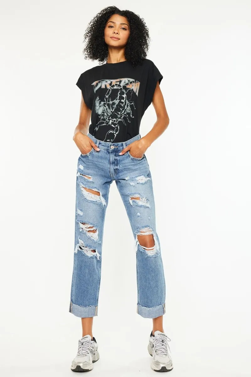 Kancan Mid Rise Distressed Boyfriend Fit Jeans - Ladyez