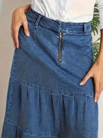 Tiered Maxi Denim Skirt with Zipper Detail - Ladyez