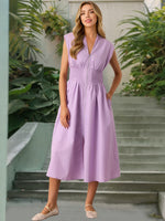 Smocked Zip Front Cap Sleeve Dress - Ladyez