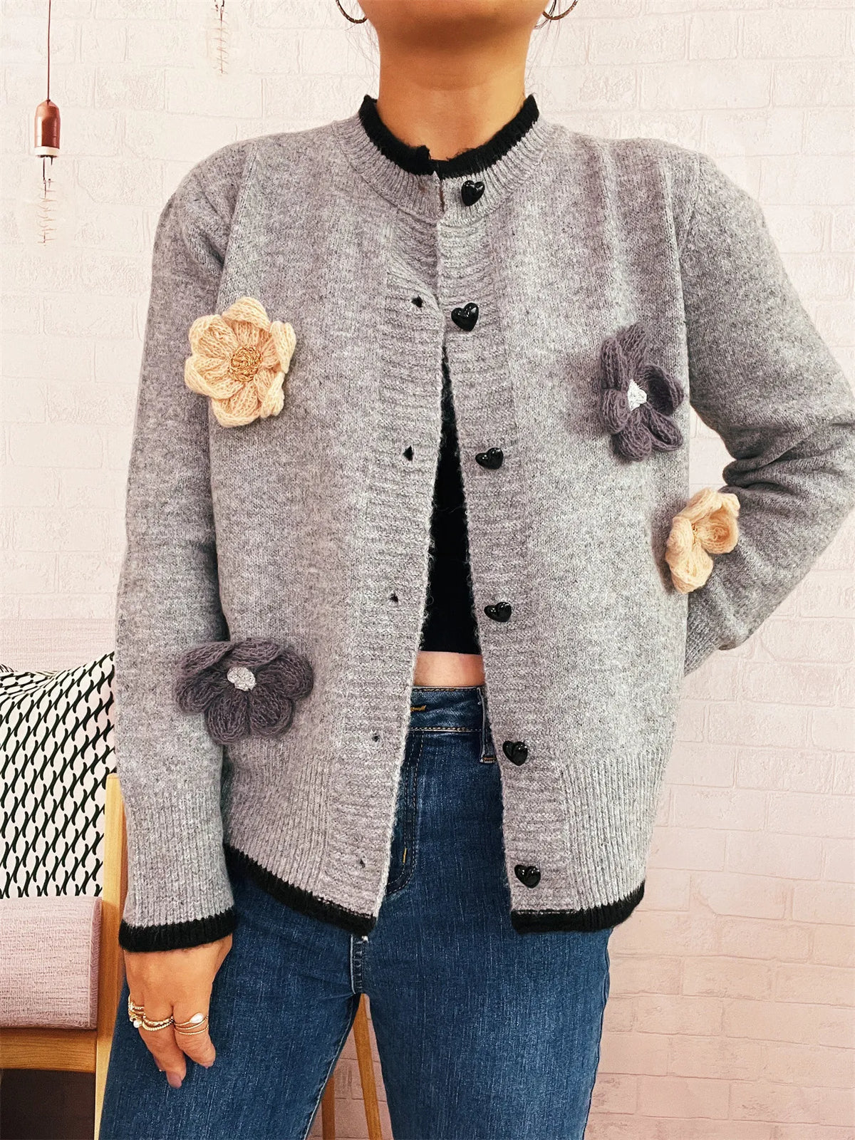 Flower Button Up Long Sleeve Cardigan