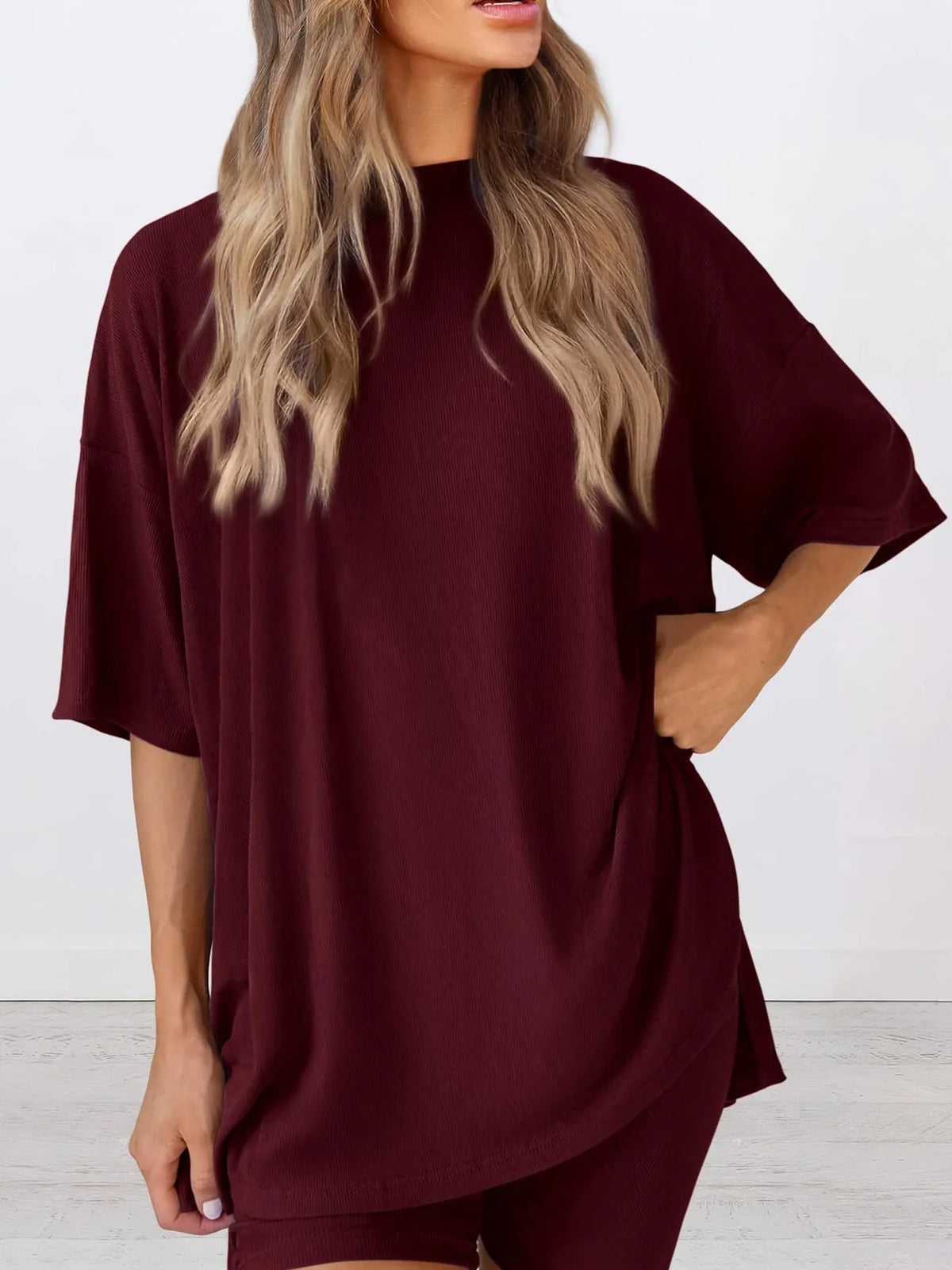 Full Size Oversized Slit Round Neck Top and Shorts Lounge Set Plus Size - Ladyez